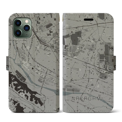 【中神（東京都）】地図柄iPhoneケース（手帳タイプ）モノトーン・iPhone 11 Pro 用