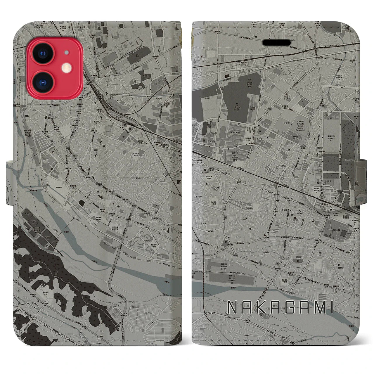 【中神（東京都）】地図柄iPhoneケース（手帳タイプ）モノトーン・iPhone 11 用