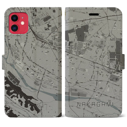 【中神（東京都）】地図柄iPhoneケース（手帳タイプ）モノトーン・iPhone 11 用