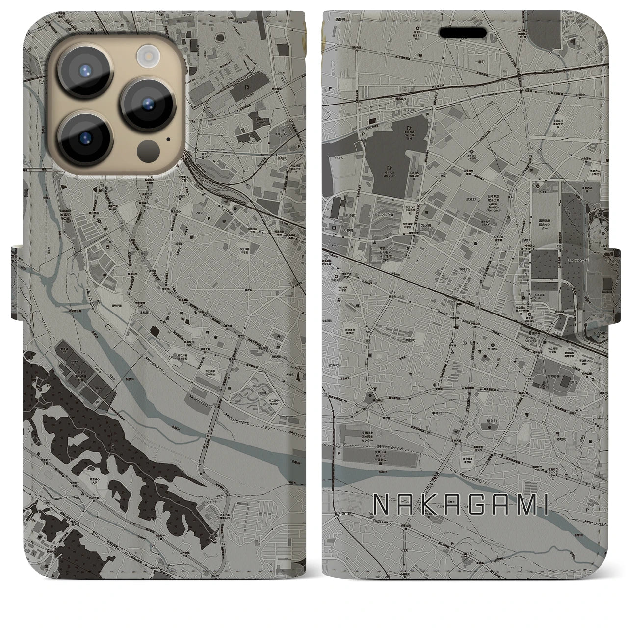 【中神】地図柄iPhoneケース（手帳両面タイプ・モノトーン）iPhone 14 Pro Max 用