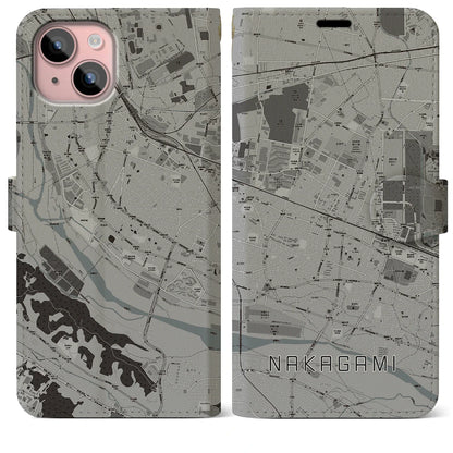 【中神（東京都）】地図柄iPhoneケース（手帳タイプ）モノトーン・iPhone 15 Plus 用