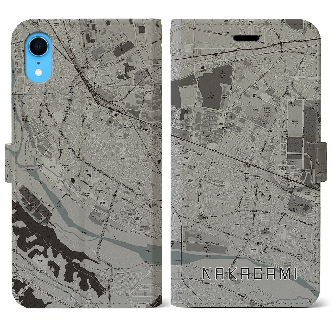 【中神（東京都）】地図柄iPhoneケース（手帳タイプ）モノトーン・iPhone XR 用