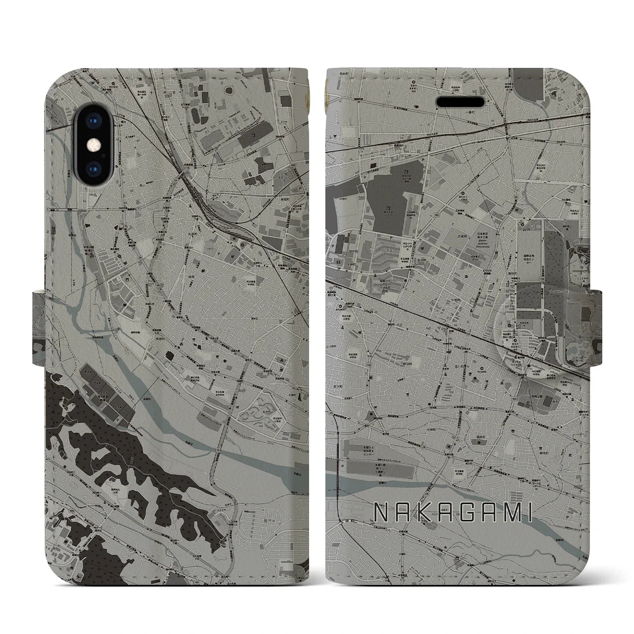 【中神（東京都）】地図柄iPhoneケース（手帳タイプ）モノトーン・iPhone XS / X 用