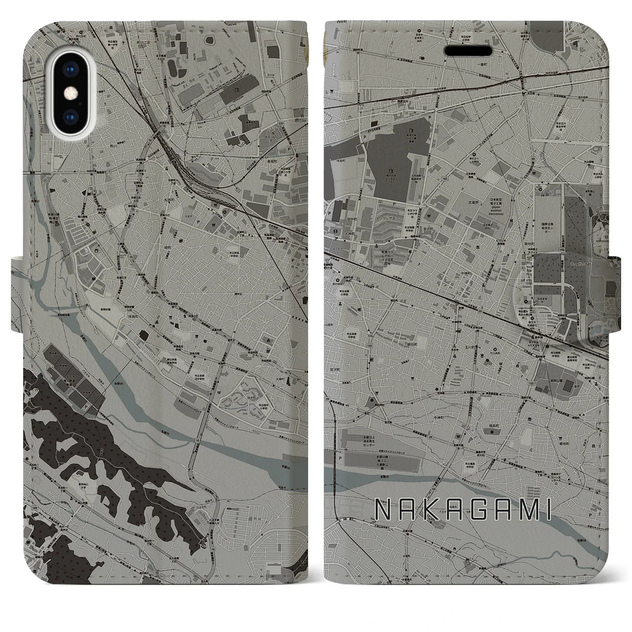 【中神（東京都）】地図柄iPhoneケース（手帳タイプ）モノトーン・iPhone XS Max 用