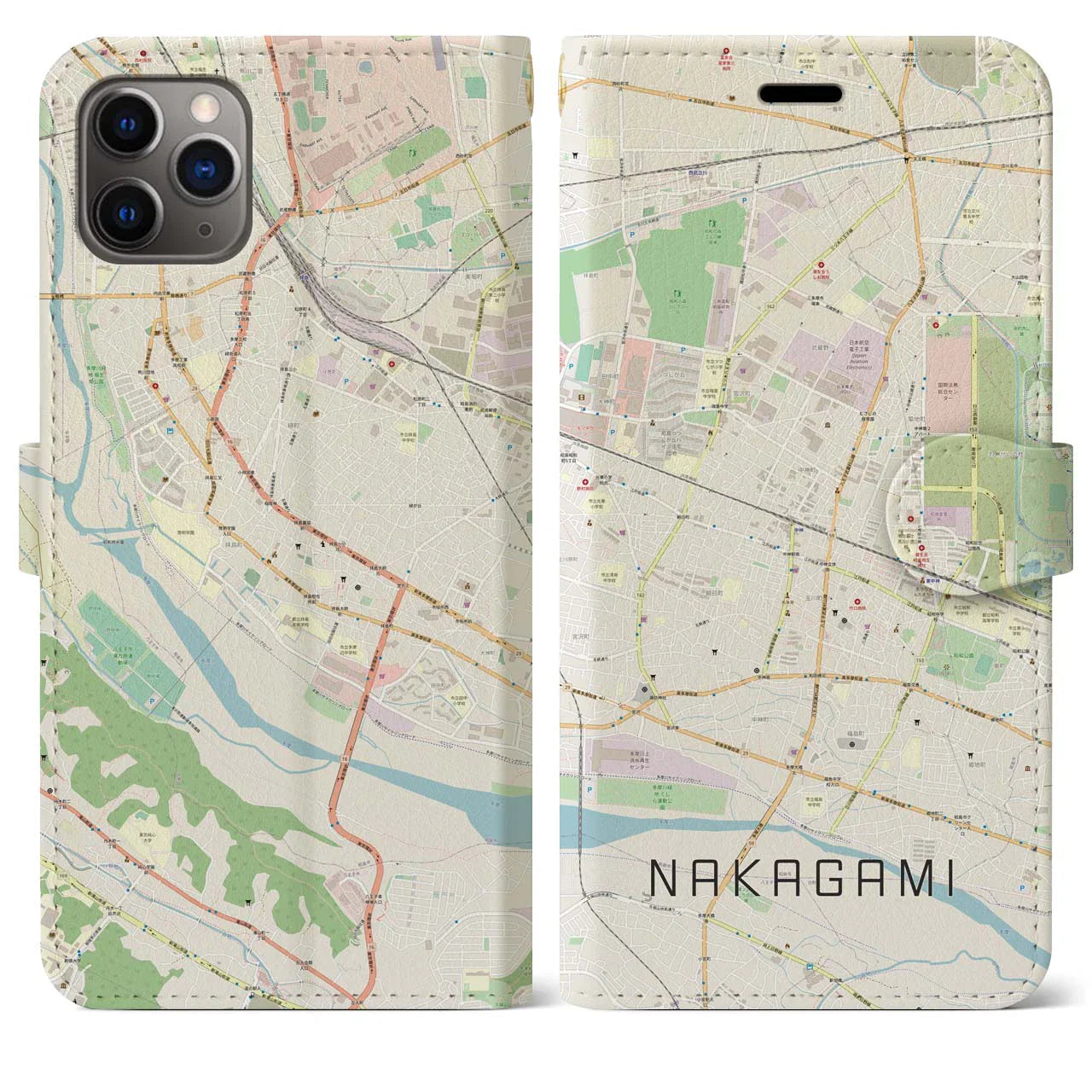 【中神（東京都）】地図柄iPhoneケース（手帳タイプ）ナチュラル・iPhone 11 Pro Max 用