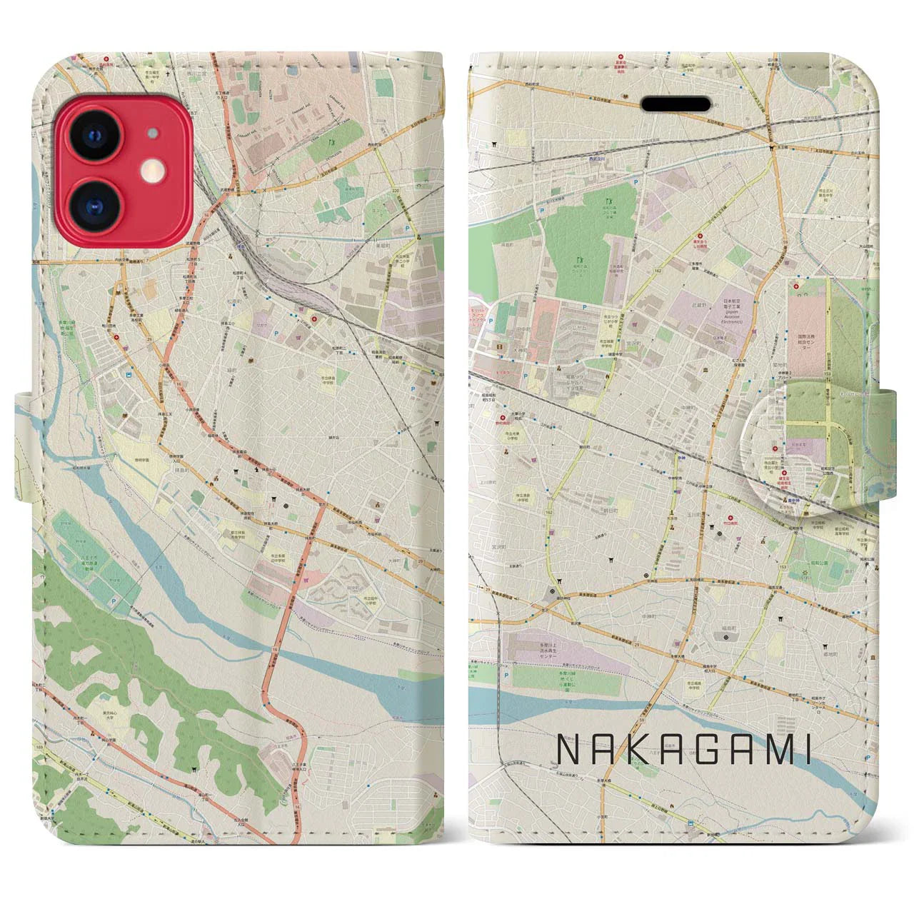 【中神（東京都）】地図柄iPhoneケース（手帳タイプ）ナチュラル・iPhone 11 用