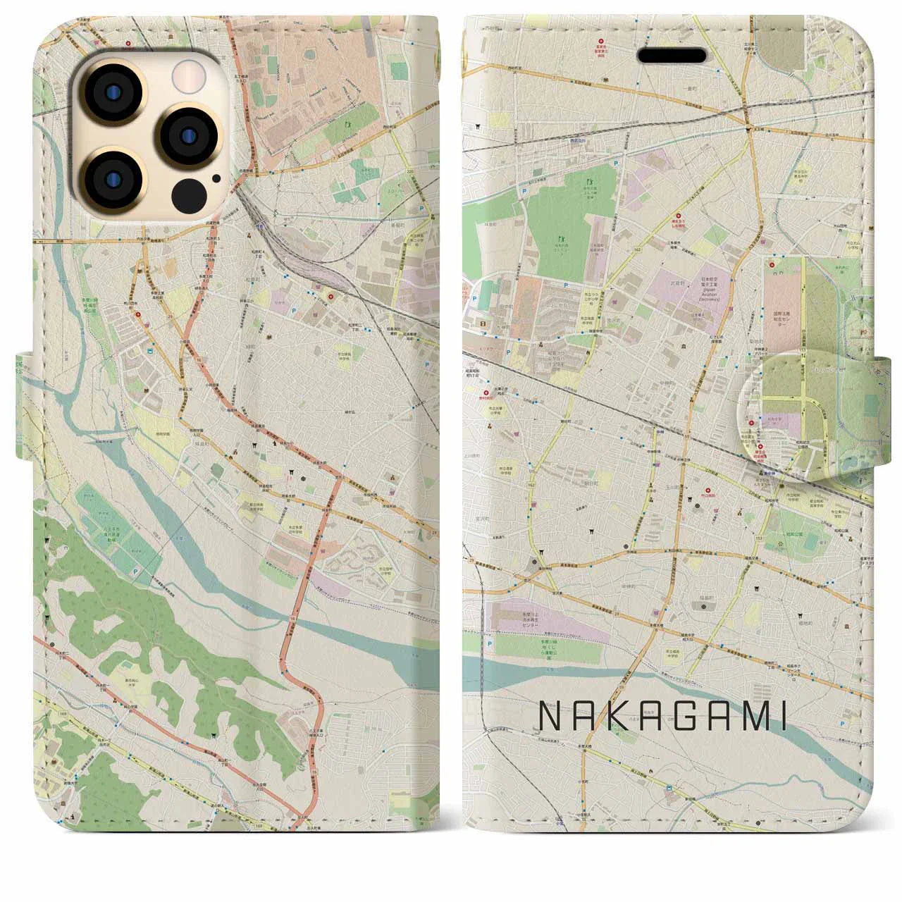 【中神（東京都）】地図柄iPhoneケース（手帳タイプ）ナチュラル・iPhone 12 Pro Max 用