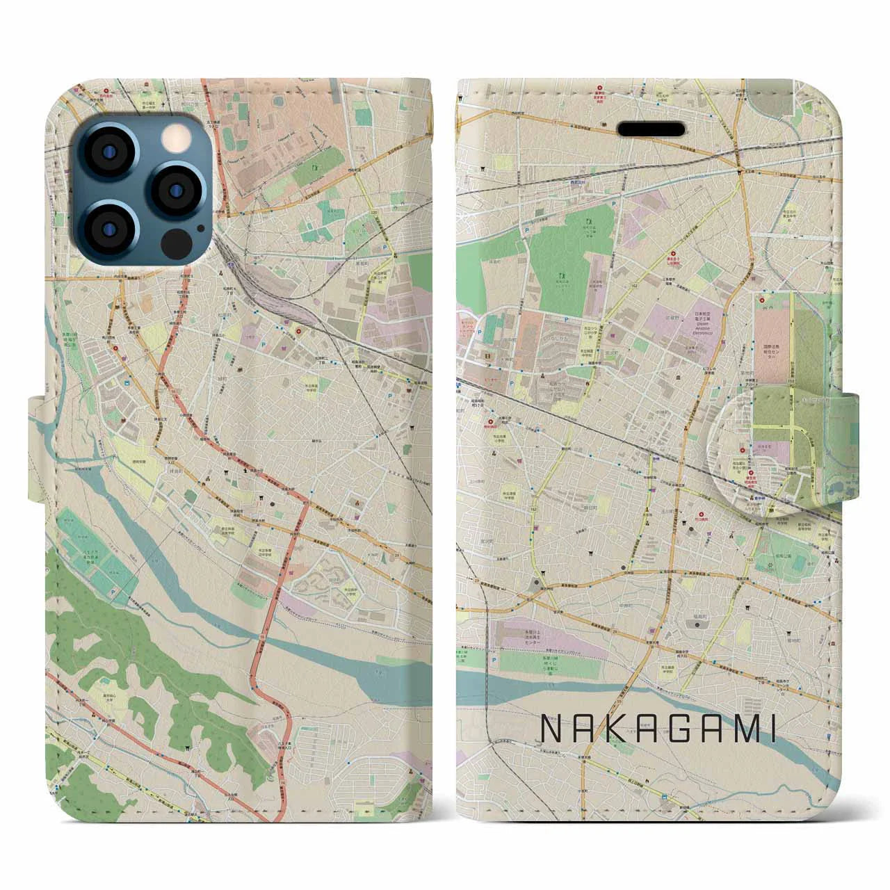 【中神（東京都）】地図柄iPhoneケース（手帳タイプ）ナチュラル・iPhone 12 / 12 Pro 用