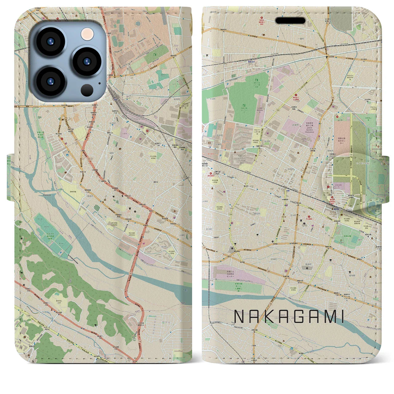 【中神（東京都）】地図柄iPhoneケース（手帳タイプ）ナチュラル・iPhone 13 Pro Max 用