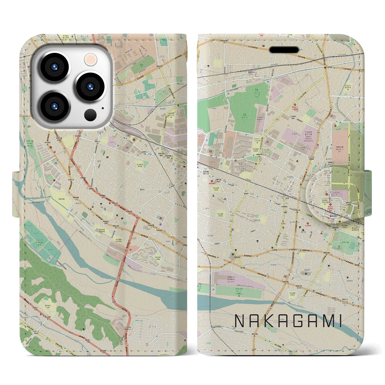 【中神（東京都）】地図柄iPhoneケース（手帳タイプ）ナチュラル・iPhone 13 Pro 用