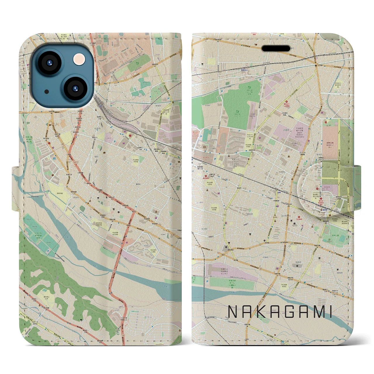 【中神（東京都）】地図柄iPhoneケース（手帳タイプ）ナチュラル・iPhone 13 用