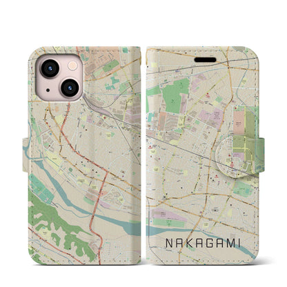 【中神（東京都）】地図柄iPhoneケース（手帳タイプ）ナチュラル・iPhone 13 mini 用