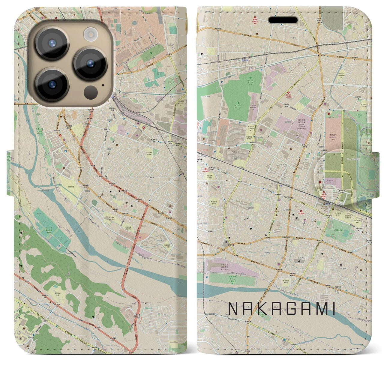 【中神（東京都）】地図柄iPhoneケース（手帳タイプ）ナチュラル・iPhone 14 Pro Max 用