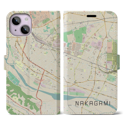 【中神（東京都）】地図柄iPhoneケース（手帳タイプ）ナチュラル・iPhone 14 用