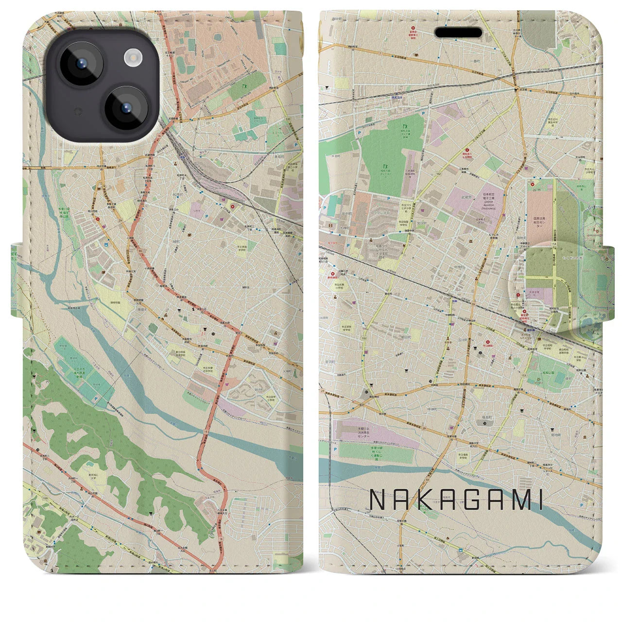 【中神（東京都）】地図柄iPhoneケース（手帳タイプ）ナチュラル・iPhone 14 Plus 用