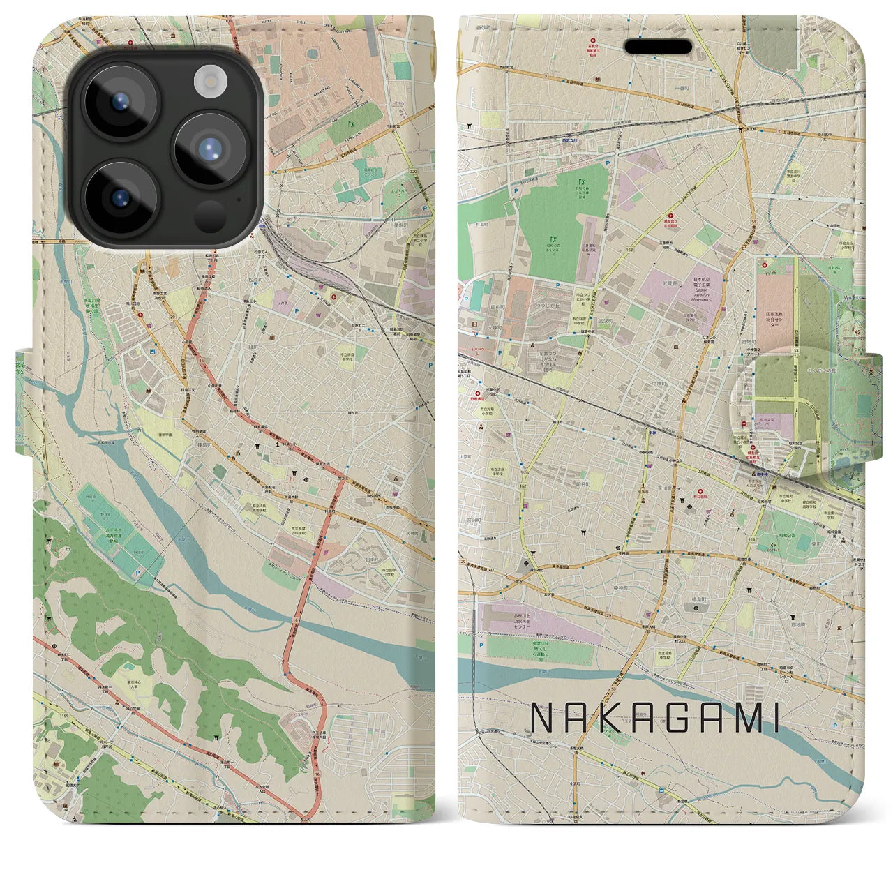 【中神（東京都）】地図柄iPhoneケース（手帳タイプ）ナチュラル・iPhone 15 Pro Max 用