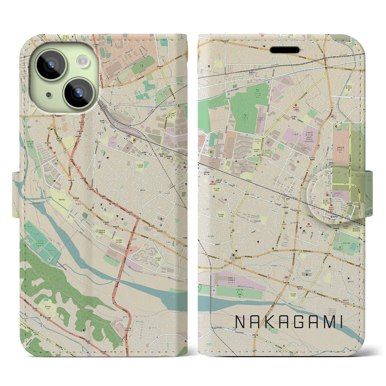 【中神（東京都）】地図柄iPhoneケース（手帳タイプ）ナチュラル・iPhone 15 用