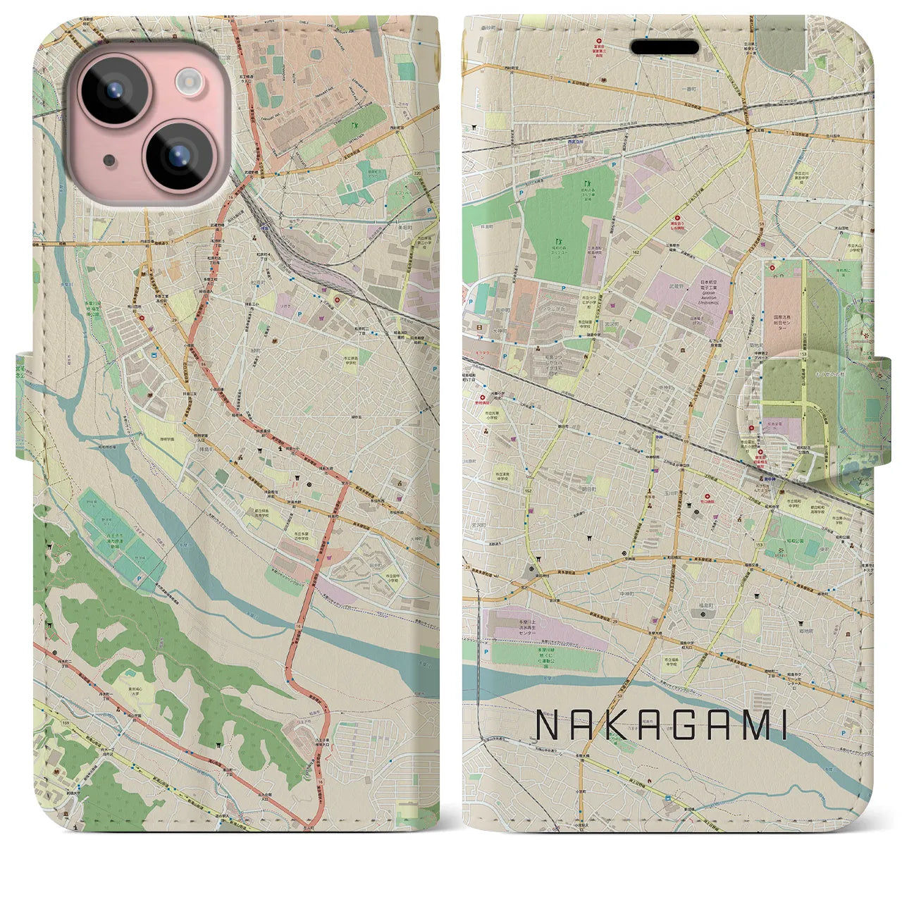 【中神（東京都）】地図柄iPhoneケース（手帳タイプ）ナチュラル・iPhone 15 Plus 用