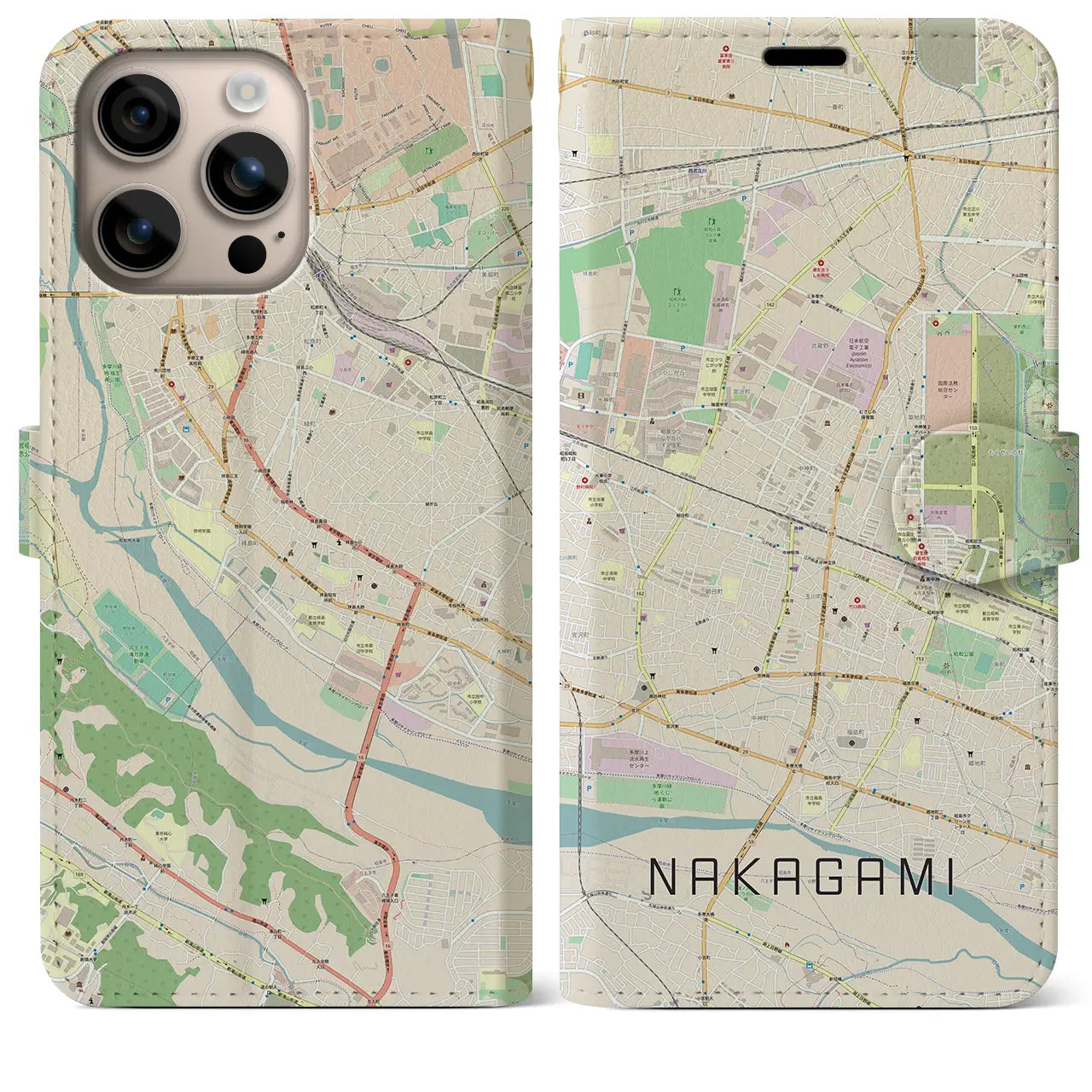 【中神（東京都）】地図柄iPhoneケース（手帳タイプ）ナチュラル・iPhone 16 Plus 用