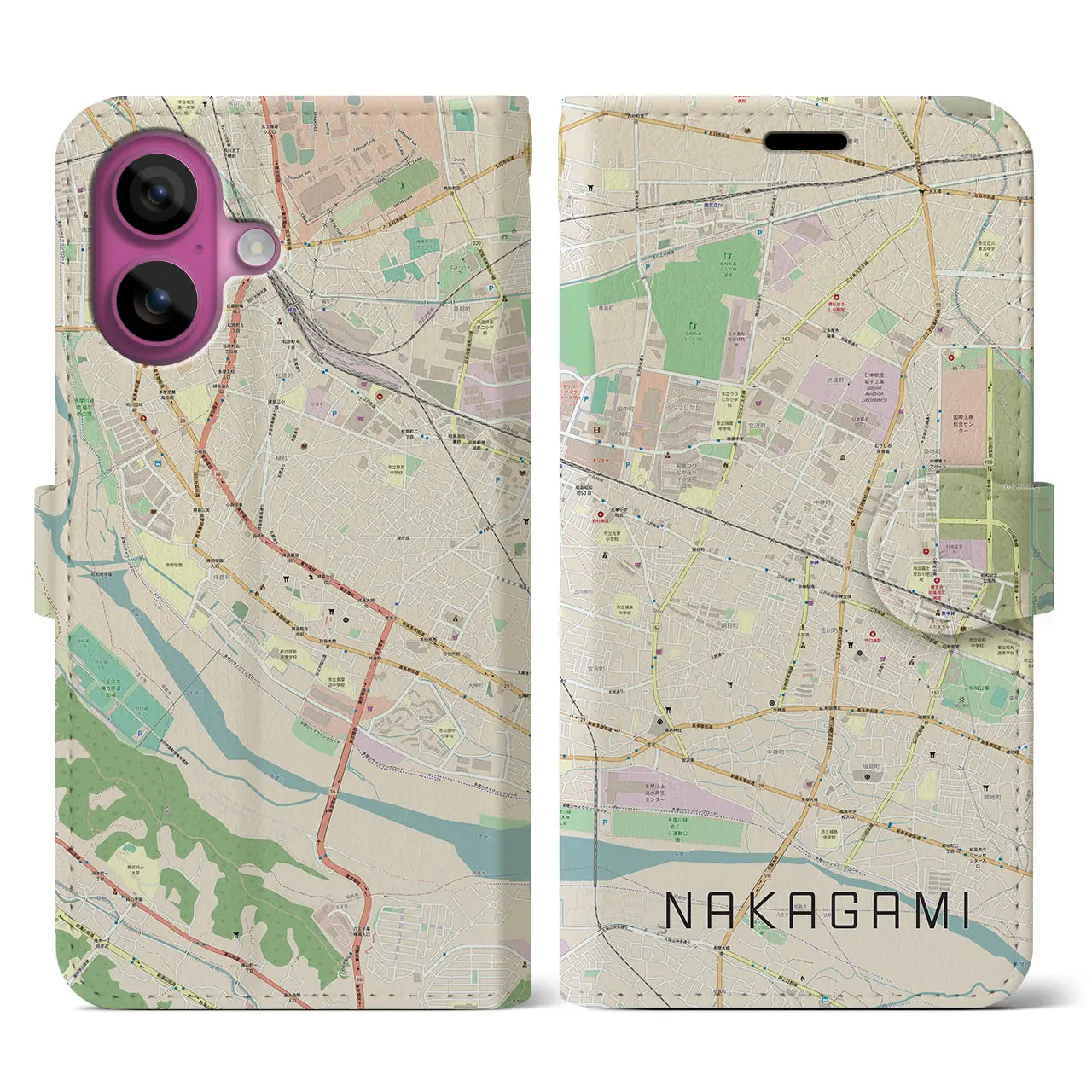 【中神（東京都）】地図柄iPhoneケース（手帳タイプ）ナチュラル・iPhone 16 Pro 用