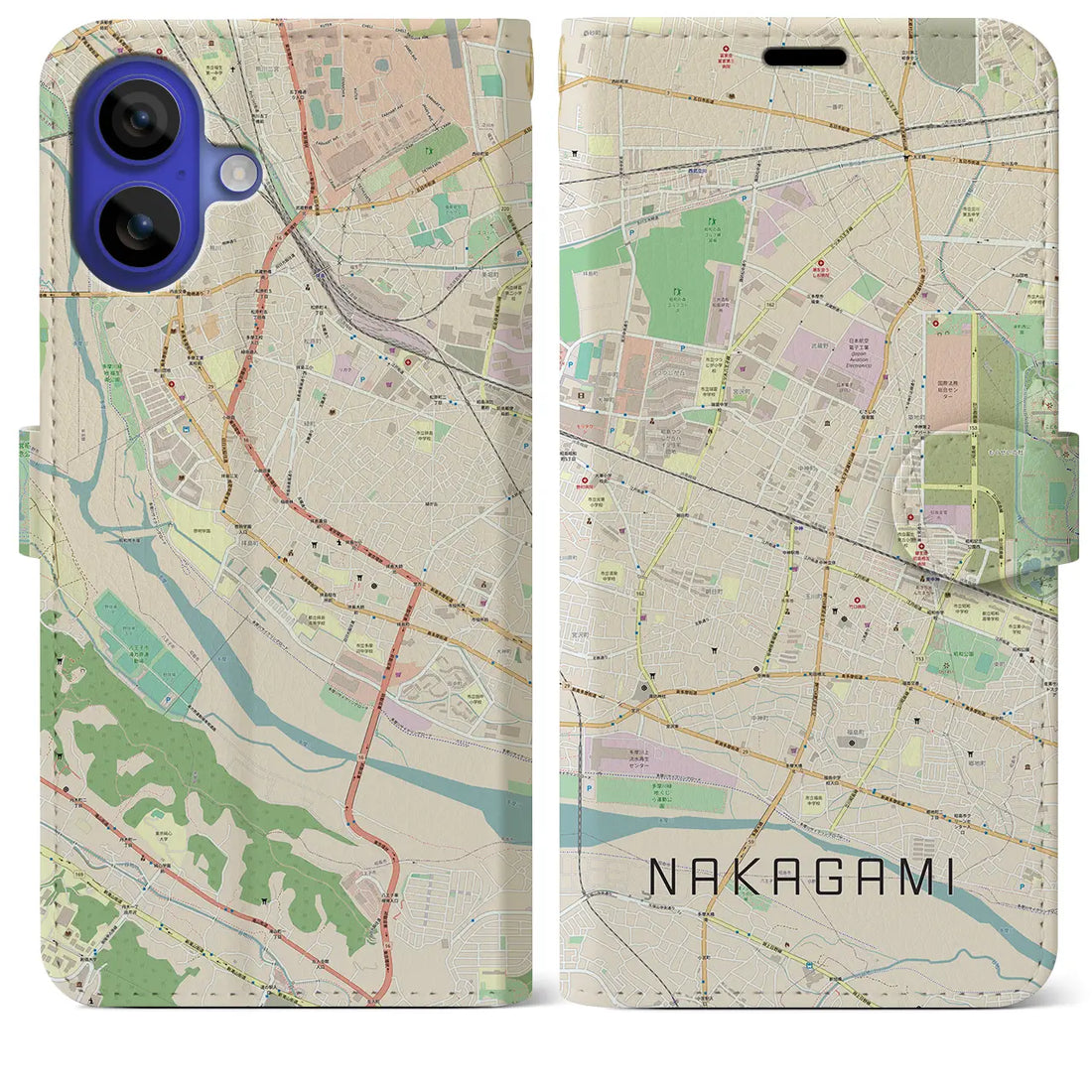 【中神（東京都）】地図柄iPhoneケース（手帳タイプ）ナチュラル・iPhone 16 Pro Max 用