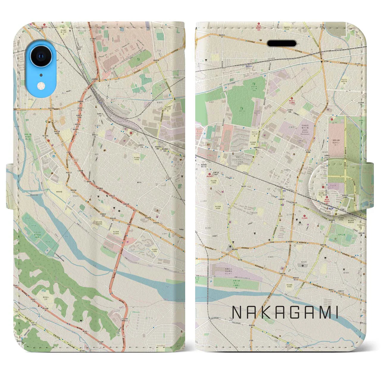 【中神（東京都）】地図柄iPhoneケース（手帳タイプ）ナチュラル・iPhone XR 用