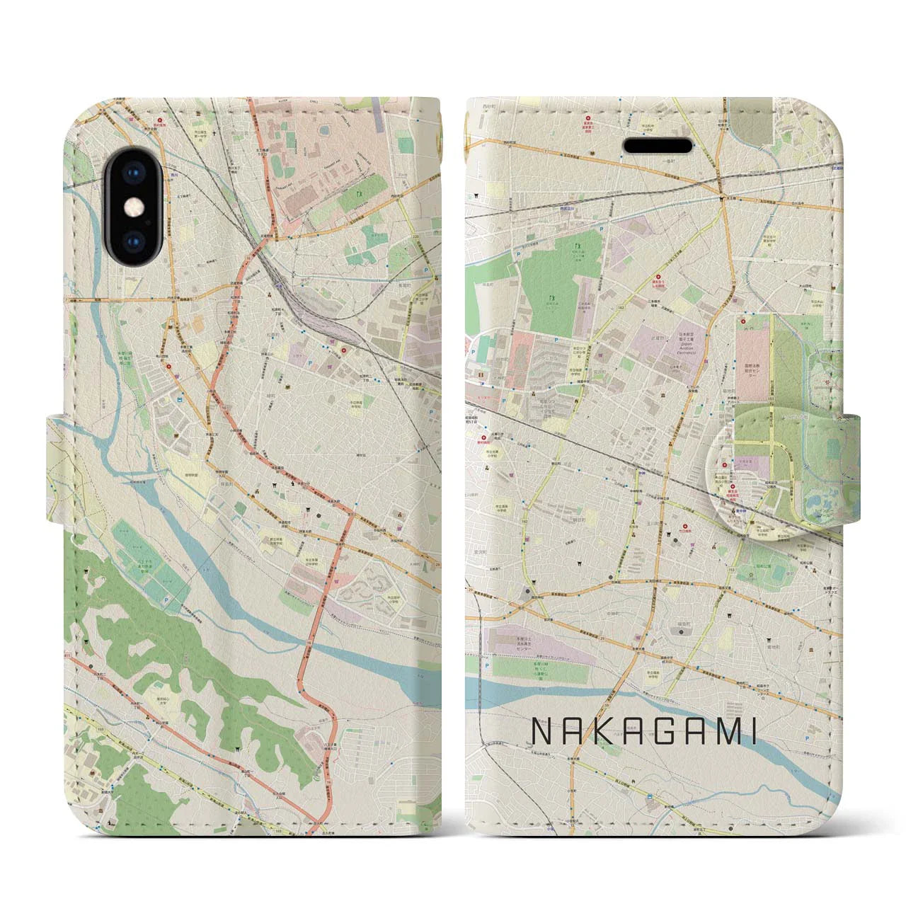 【中神（東京都）】地図柄iPhoneケース（手帳タイプ）ナチュラル・iPhone XS / X 用