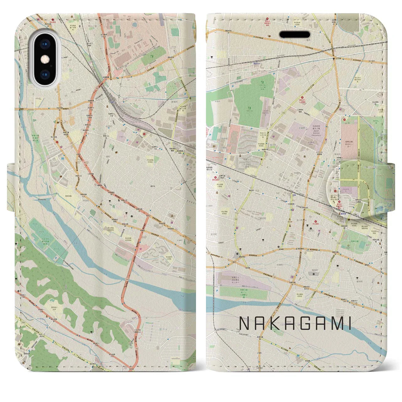 【中神（東京都）】地図柄iPhoneケース（手帳タイプ）ナチュラル・iPhone XS Max 用