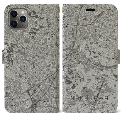 【中川（神奈川県）】地図柄iPhoneケース（手帳タイプ）モノトーン・iPhone 11 Pro Max 用