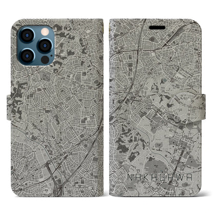 【中川（神奈川県）】地図柄iPhoneケース（手帳タイプ）モノトーン・iPhone 12 / 12 Pro 用