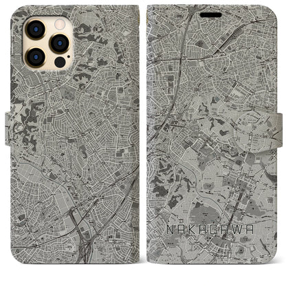 【中川（神奈川県）】地図柄iPhoneケース（手帳タイプ）モノトーン・iPhone 12 Pro Max 用