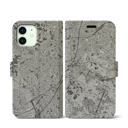 【中川（神奈川県）】地図柄iPhoneケース（手帳タイプ）モノトーン・iPhone 12 mini 用
