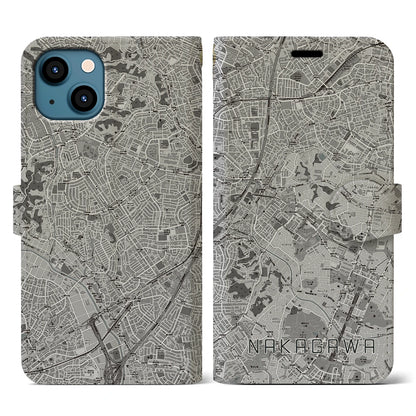 【中川（神奈川県）】地図柄iPhoneケース（手帳タイプ）モノトーン・iPhone 13 用