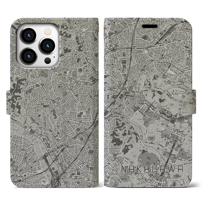 【中川（神奈川県）】地図柄iPhoneケース（手帳タイプ）モノトーン・iPhone 13 Pro 用