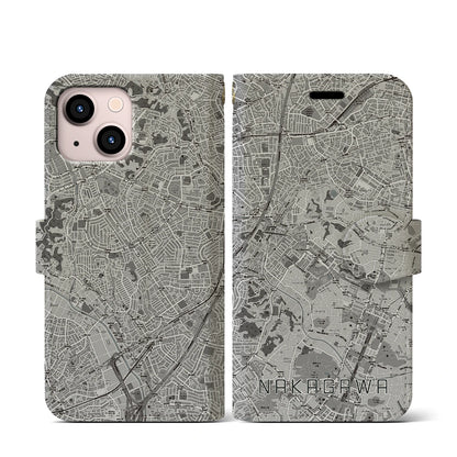 【中川（神奈川県）】地図柄iPhoneケース（手帳タイプ）モノトーン・iPhone 13 mini 用