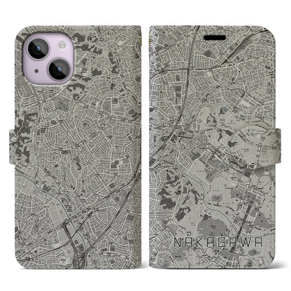 【中川（神奈川県）】地図柄iPhoneケース（手帳タイプ）モノトーン・iPhone 14 用