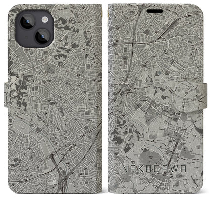 【中川（神奈川県）】地図柄iPhoneケース（手帳タイプ）モノトーン・iPhone 14 Plus 用