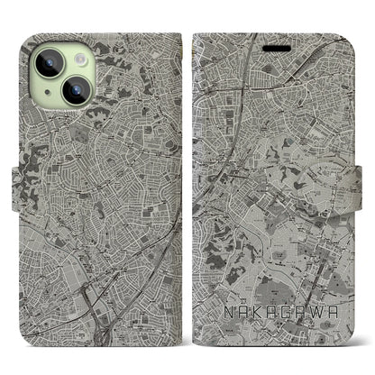 【中川（神奈川県）】地図柄iPhoneケース（手帳タイプ）モノトーン・iPhone 15 用