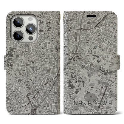 【中川（神奈川県）】地図柄iPhoneケース（手帳タイプ）モノトーン・iPhone 15 Pro 用