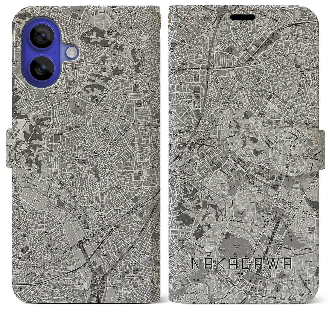 【中川(神奈川県)】地図柄iPhoneケース(手帳タイプ)モノトーン・iPhone 16 Pro Max 用