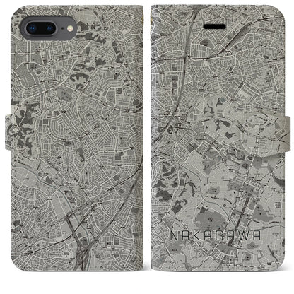 【中川（神奈川県）】地図柄iPhoneケース（手帳タイプ）モノトーン・iPhone 8Plus /7Plus / 6sPlus / 6Plus 用
