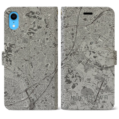 【中川（神奈川県）】地図柄iPhoneケース（手帳タイプ）モノトーン・iPhone XR 用