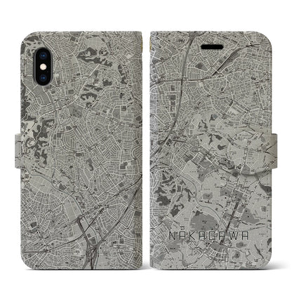 【中川（神奈川県）】地図柄iPhoneケース（手帳タイプ）モノトーン・iPhone XS / X 用