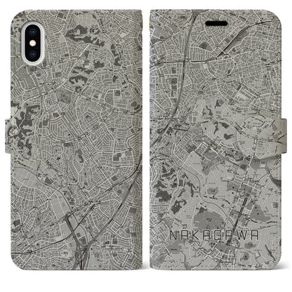 【中川（神奈川県）】地図柄iPhoneケース（手帳タイプ）モノトーン・iPhone XS Max 用