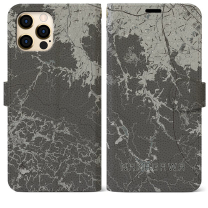 【那珂川（福岡県）】地図柄iPhoneケース（手帳タイプ）モノトーン・iPhone 12 Pro Max 用