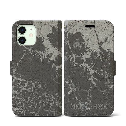 【那珂川（福岡県）】地図柄iPhoneケース（手帳タイプ）モノトーン・iPhone 12 mini 用
