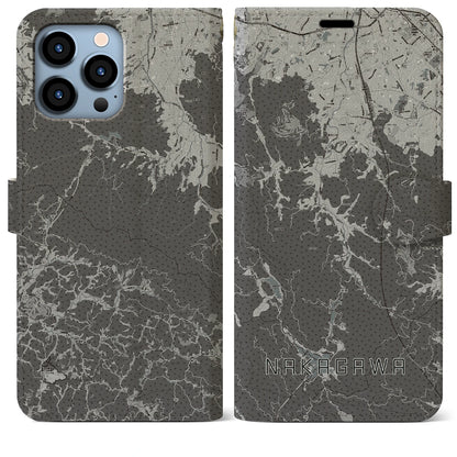 【那珂川（福岡県）】地図柄iPhoneケース（手帳タイプ）モノトーン・iPhone 13 Pro Max 用