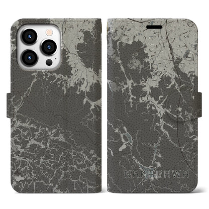 【那珂川（福岡県）】地図柄iPhoneケース（手帳タイプ）モノトーン・iPhone 13 Pro 用