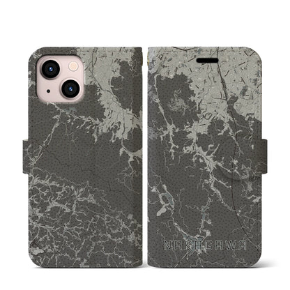 【那珂川（福岡県）】地図柄iPhoneケース（手帳タイプ）モノトーン・iPhone 13 mini 用