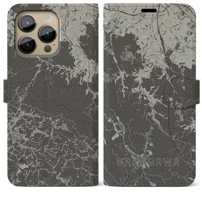【那珂川（福岡県）】地図柄iPhoneケース（手帳タイプ）モノトーン・iPhone 14 Pro Max 用